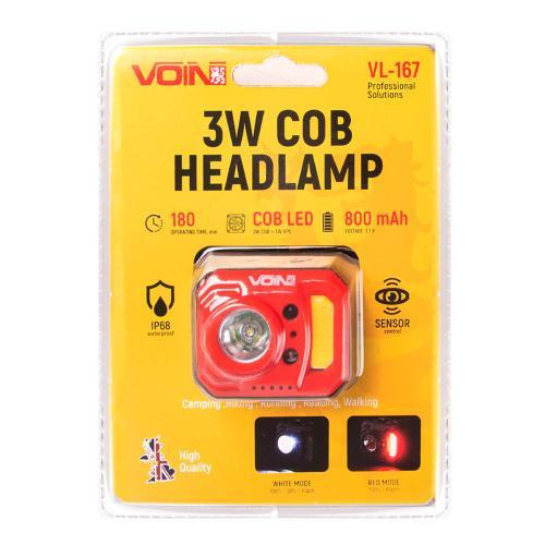 Налобный фонарь VOIN VL-167 с 3W COB (W/R) + 3W XPE, аккумулятор 800mAh, регулировка наклона и сенсор Харьков - изображение 4
