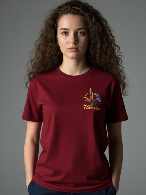Женская очаровательная вышитая футболка вышиванка бордовая с голубыми васильками и желтыми колосками XL Киев - изображение 1