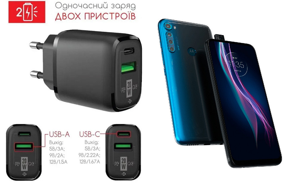 Сетевое зарядное устройство для Motorola One Fusio, One Fusion Plus, 20W 3A, Quick Charge 3.0 Киев - изображение 1