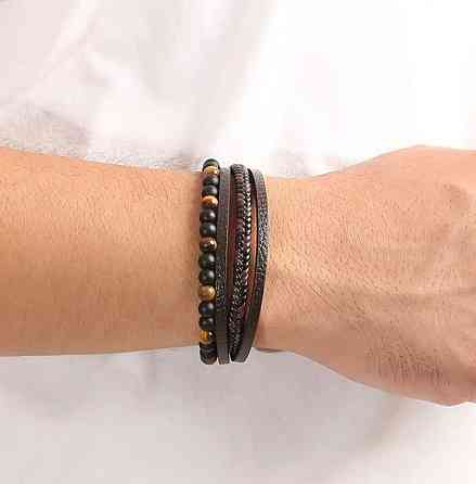Мужской многослойный браслет с тигровым глазом и чёрными бусинами, кожаные ремешки, магнитная застёжка, 21 см Киев