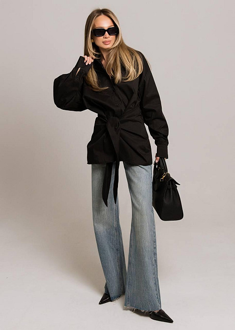 Жіноча базова приталена сорочка з поясом котон Чорний Одеса - фото 1