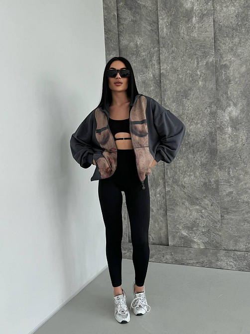 Женская стильная оверсайз худи с капюшоном на молнии петля пенье + турецкая рибана Графит, 42/46 Одесса - изображение 7