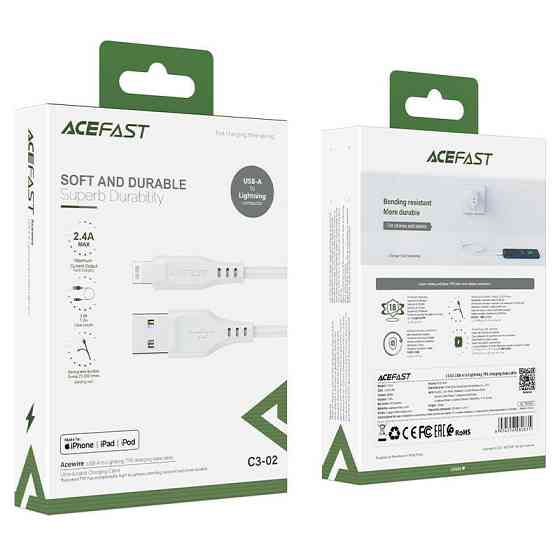 Кабель ACEFAST C3-02 USB - Lightning 2.4A, 1.2m, TPE, TPE конектори, колір білий AFC3-02W Одеса
