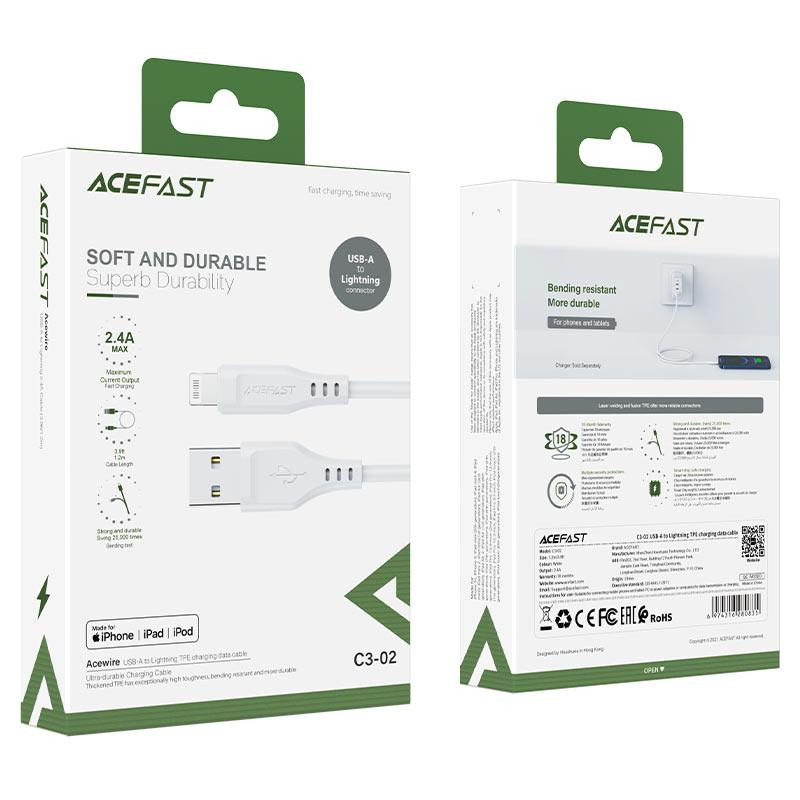 Кабель ACEFAST C3-02 USB - Lightning 2.4A, 1.2m, TPE, TPE конектори, колір білий AFC3-02W Одеса - фото 2