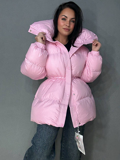 Куртка женская Haiziyuan 8055 глянцевая пуфер удлиненная с утяжкой на талии розовая, розовый, XL Киев - изображение 1