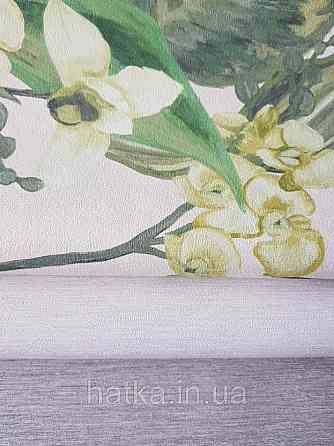 Шпалери вінілові Decoprint Breeze листя метелики квіти орхідеї лілії салатові зелені на пісочному 0.53х10 м Київ