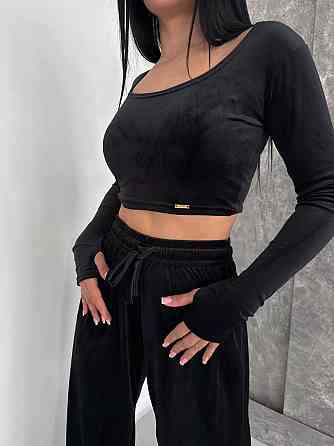 Жіночий прогулянковий костюм-двійка: лонгслів і штани велюр Чорний, 42/44 Одеса