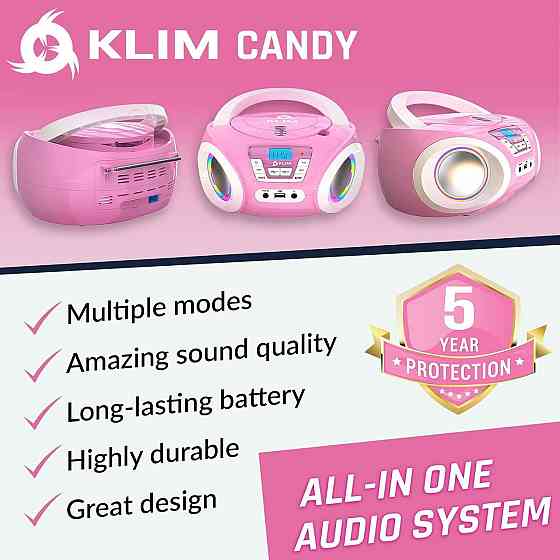 CD-плеєр з FM-радіо, бумбокс портативний з RGB-підсвіткою, USB/AUX, на батарейках Boombox рожевий, п Київ