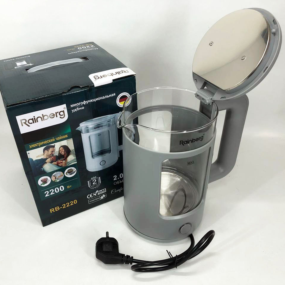 Сучасний електрочайник скляний Rainberg RB-2220 2200 Вт 2 л, Чайник дисковий, Тихий побутовий чайник TK-45 Івано-Франківськ - фото 9