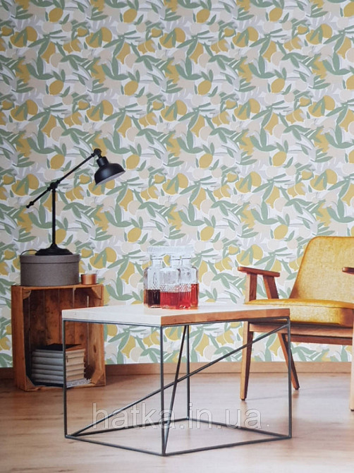 Шпалери вінілові Lutece Bensimon CALIFORNIA NOSTALGIE листя лимони листя яскраво-жовтий зелений бежевий сірий Київ - фото 2