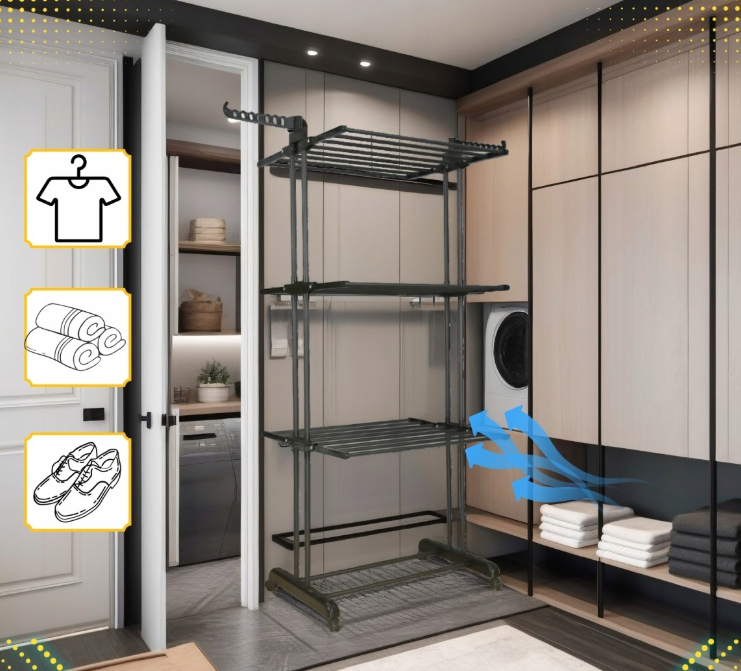 Складна вертикальна сушарка для білизни (72 × 64 × 170 см) 3 рівні + 1 для взуття, Чорна Київ - фото 8