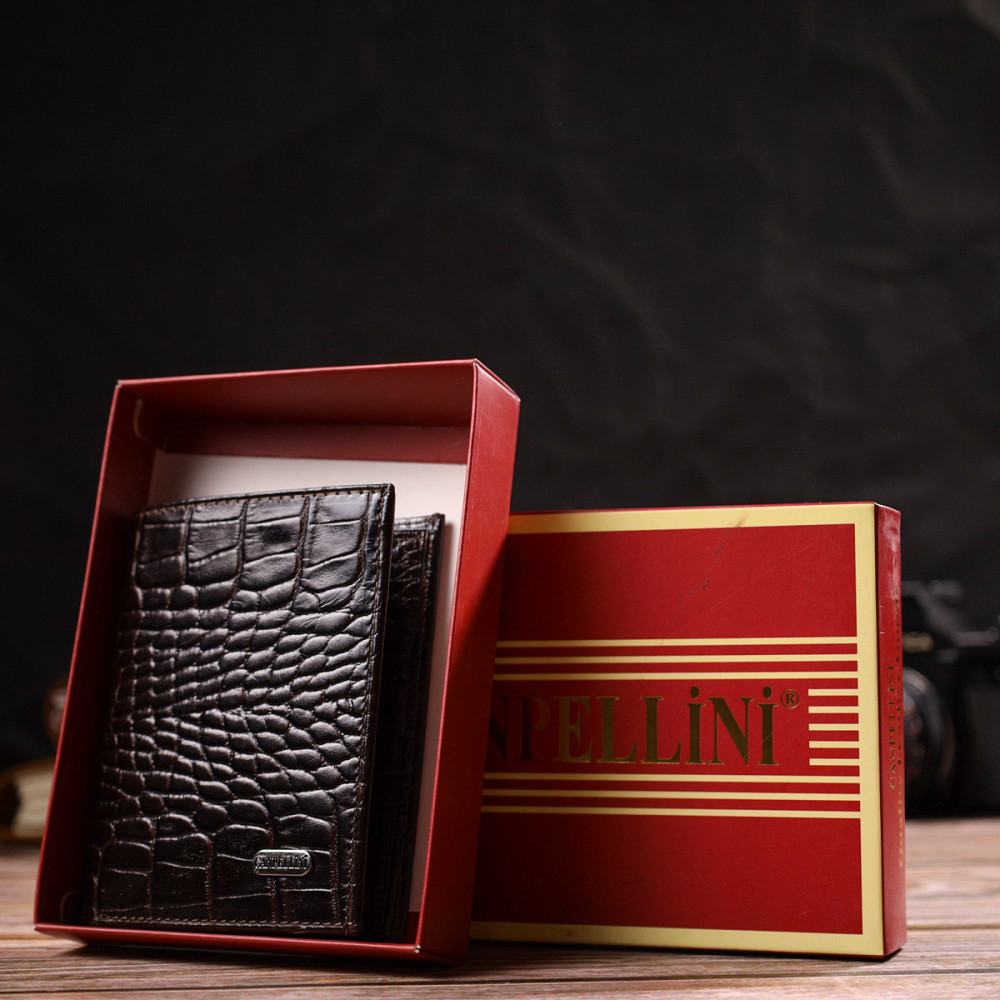 Компактний чоловічий гаманець із натуральної шкіри з тисненням під крокодила Коричневий (CANPELLINI) Київ - фото 4