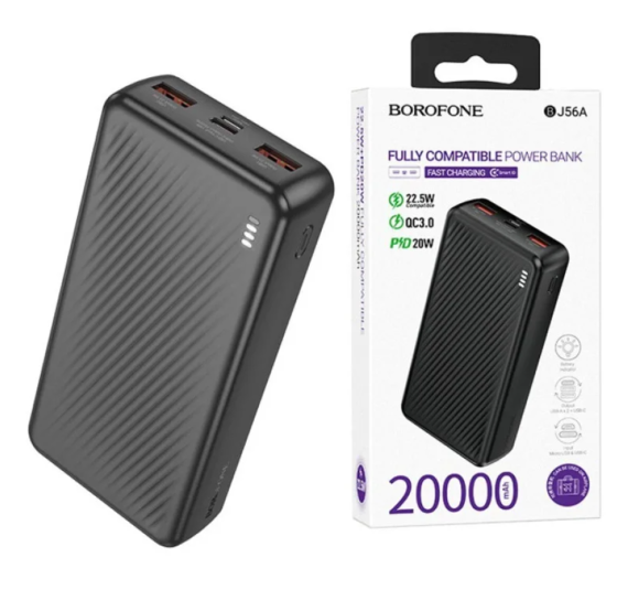 Зовнішній акумулятор Borofone BJ56A 20000mAh: швидке заряджання PD/QC, 3 виходи USB/Type-C, LED інди Київ