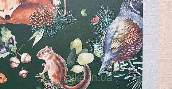 Шпалери флізелінові еко Rasch Kids World 0.53х10 дитячі косулі білки лисиці птиці шишки ягоди на зеленому Київ