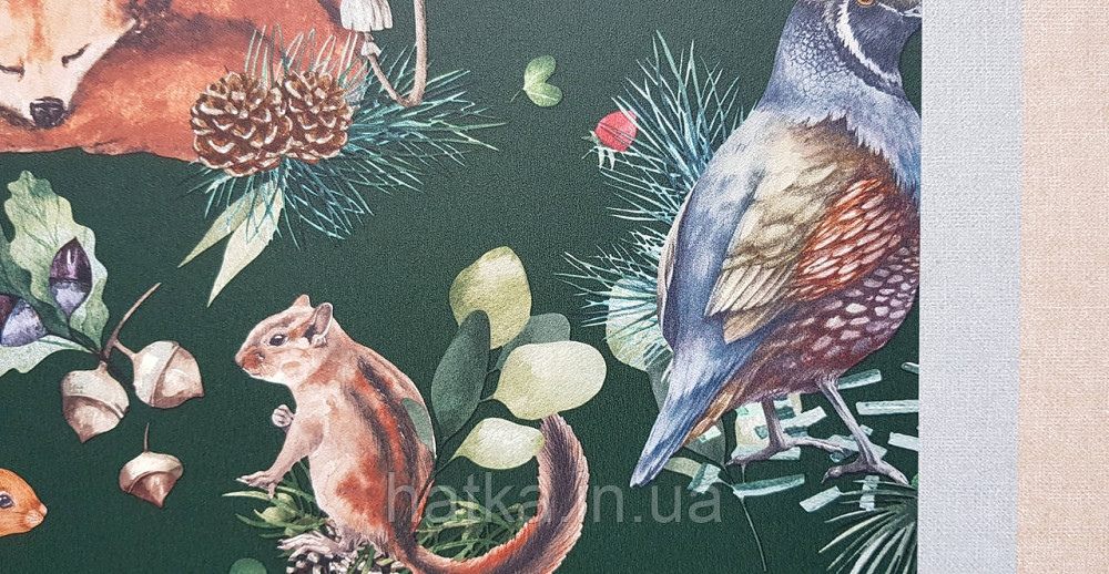 Шпалери флізелінові еко Rasch Kids World 0.53х10 дитячі косулі білки лисиці птиці шишки ягоди на зеленому Київ - фото 3