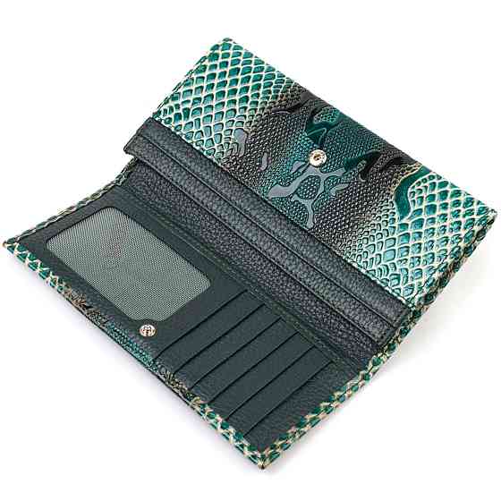 Лакированный кошелек для женщин из натуральной фактурной кожи с тиснением под рептилию CANPELLINI 21824 Зеленый Киев