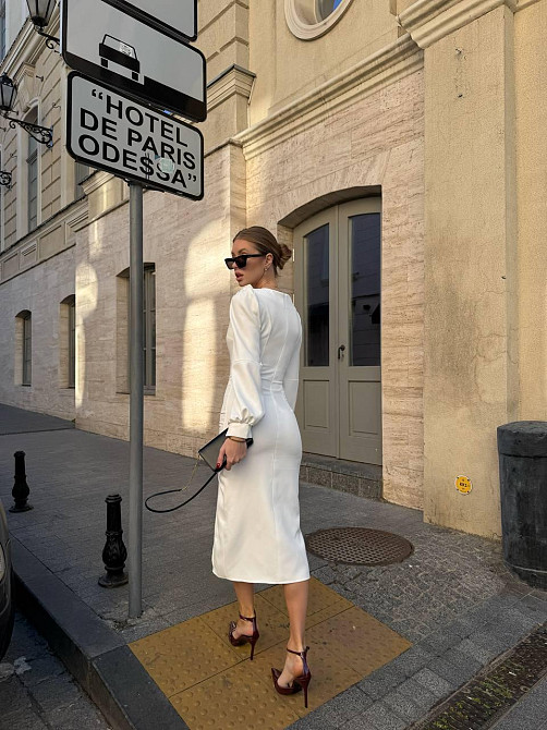 Женское вечернее элегантное миди платье с разрезом костюмка класса люкс Молочный, 44/46 Одесса - изображение 9