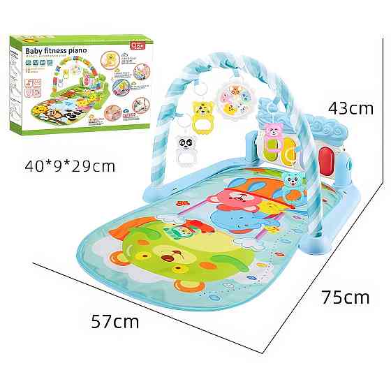 Развивающий детский коврик с пианино, подвесными игрушками, шкалой роста, голубого цвета, принт животные Каменец-Подольский