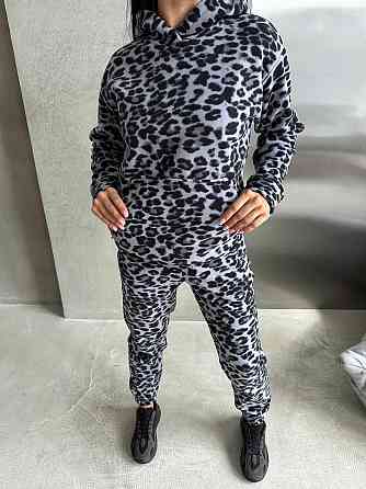 Женский теплый леопардовый костюм двойка: худи и штаны турецкий двусторонний полар флис 44/46 Одесса