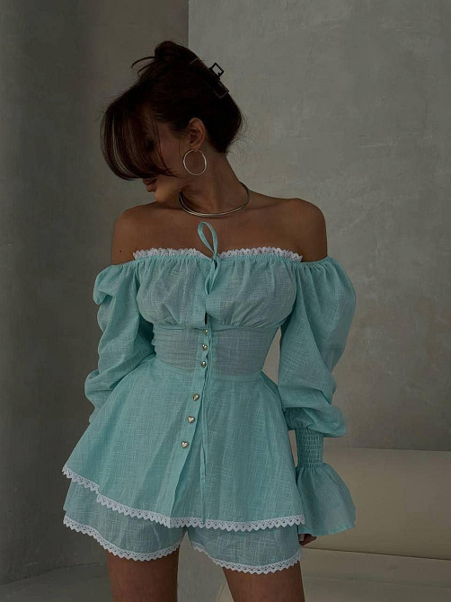 Жіночий стильний романтичний легкий костюм із натурального льону Ментоловий, 46 Одеса - фото 1