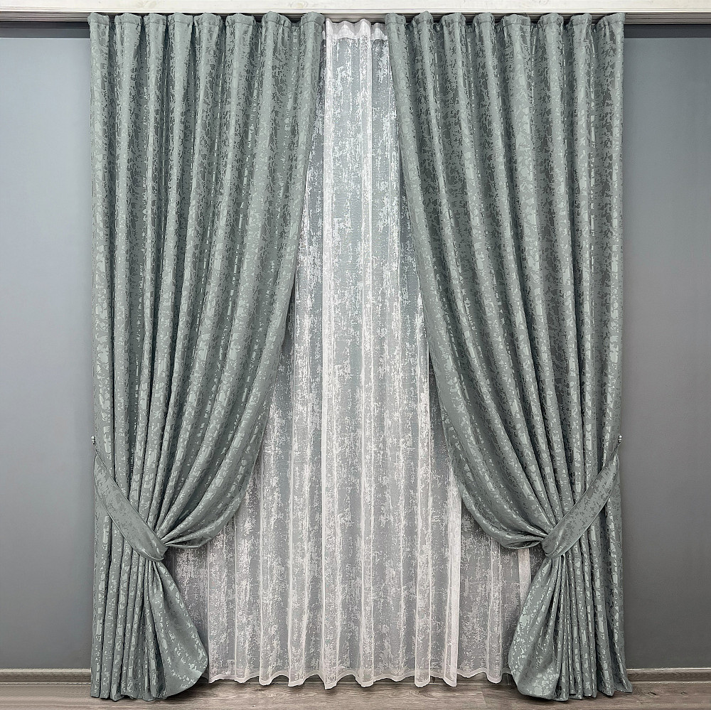 Комплект штор VR-Textil Льон Мармур 100х270 2шт і Тюль 300х270 1264ш-1400т Сірий з білим 71-134/1 Київ - фото 1