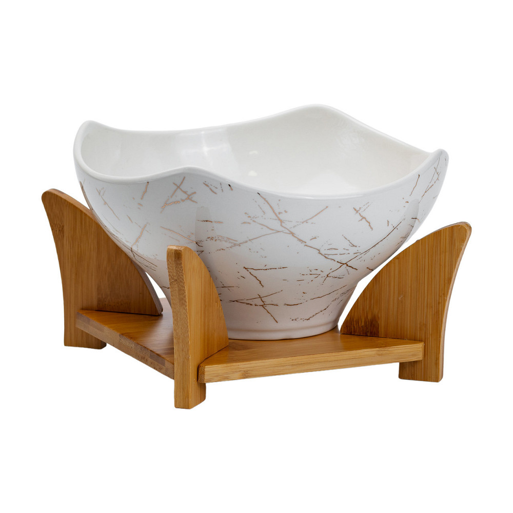 Салатниця га бамбуковій підставці з виделкою і ложкою 22*22*14 см Білий HP1228 Київ - фото 8