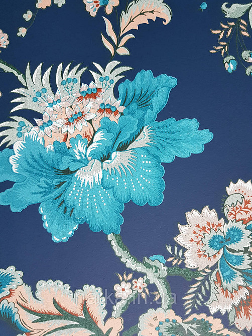 Шпалери флізелінові еко Rasch Sophia 0.53х10 рослинний принт квіти листя бірюзові коричневі на темно-синьому Київ - фото 3