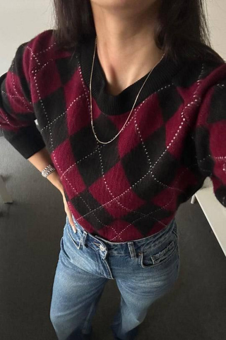 Женский оверсайз свитер в геометрический принт машинная вязка Черный Одесса - изображение 3