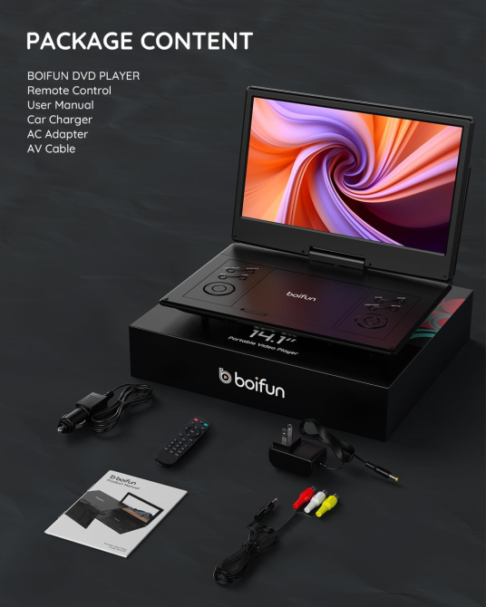 Портативный DVD-проигрыватель BOIFUN 16,9″, экран 14,1″ HD 1366×768, поворотный, аккумулятор 4000 мАч, USB, SD, FM, черный Киев - изображение 9