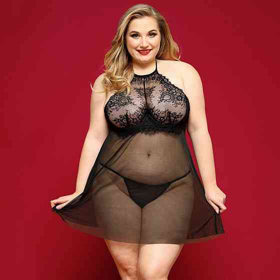 Сорочка бебі-дол JSY «Пристрасна Ліліт» Plus Size, Black, халтер, дрібна сітка, мереживо, стрінги Sex Aura Київ