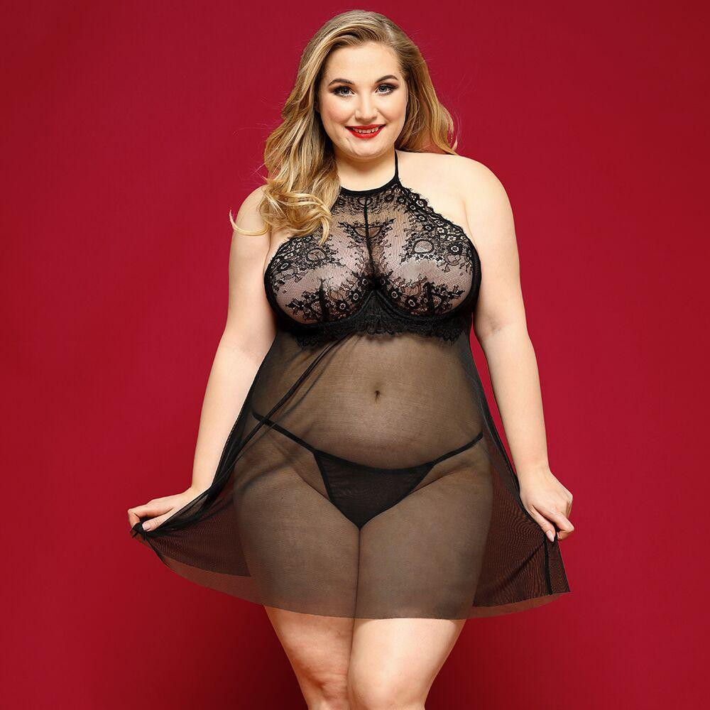 Сорочка бебі-дол JSY «Пристрасна Ліліт» Plus Size, Black, халтер, дрібна сітка, мереживо, стрінги Sex Aura Київ - фото 1