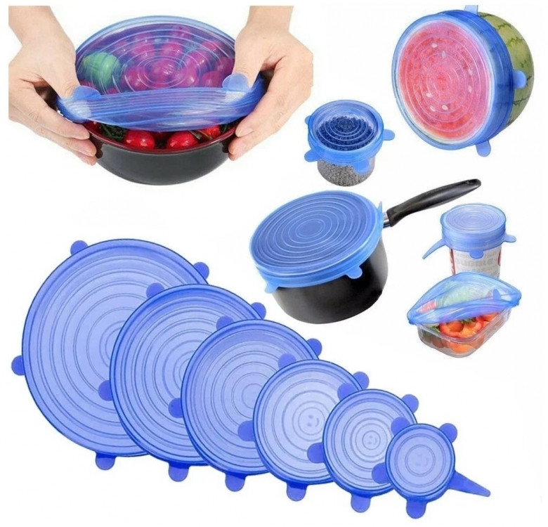 Набор силиконовых крышек Kitchenio Super Stretch Silicone Синих 6 шт, Вакуумные крышки на лотки и каструли 6 шт Винница - изображение 1