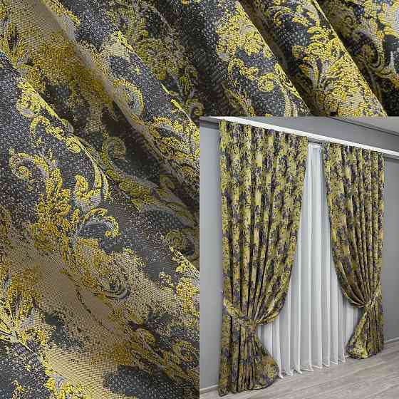 Комплект готовых штор VR-Textil Лен Премиум № 1834ш Серый с желтым 150х295 см 2 шт (33-0826) Киев