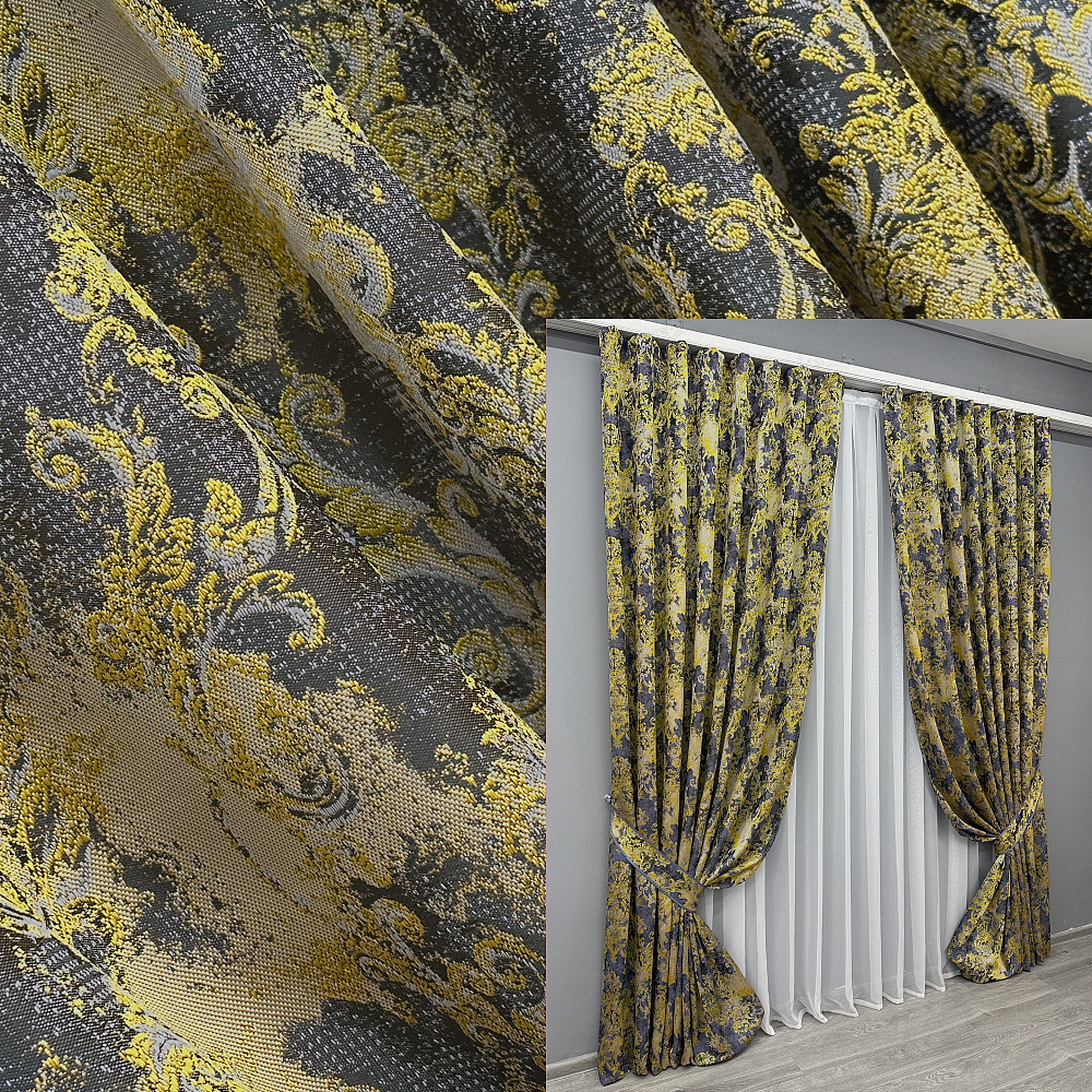 Комплект готових штор VR-Textil Льон Преміум № 1834ш Сірий з жовтим 150х295 см 2 шт (33-0826) Київ - фото 1