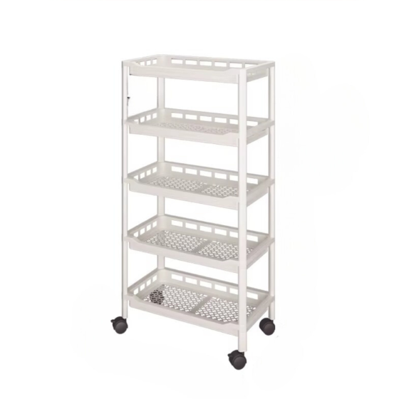 Стеллаж полка пластиковая передвижная на колесах на 5 ярусов,этажерка универсальная бытовая цвет белый Каменец-Подольский