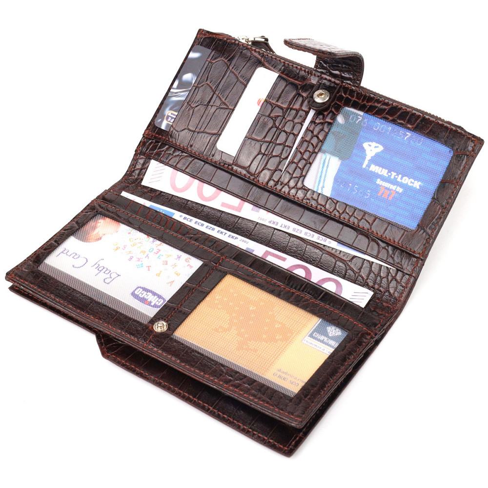 Місткий гаманець з натуральної шкіри з тисненням під крокодила Коричневий (CANPELLINI) Київ - фото 1