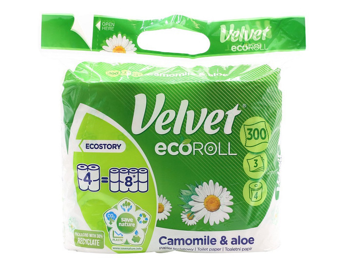 Velvet туалетний папір Camomile&Aloe Eco Roll 4=8 рулонів 3 шари 300 відривів Гостомель - фото 1