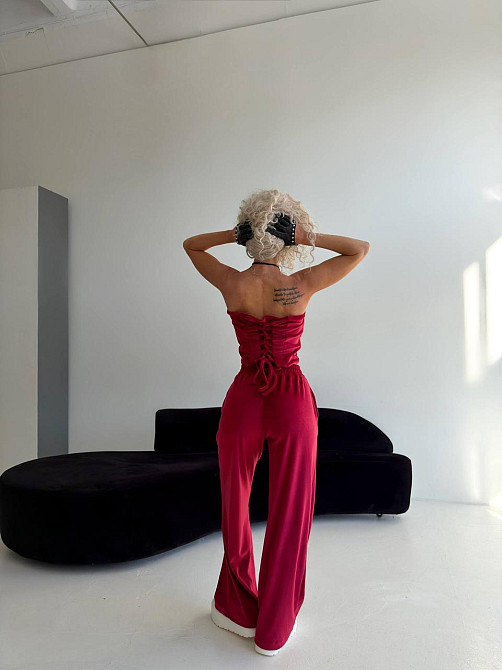 Женский велюровый костюм тройка: кофта корсет и штаны Бордовый, 48/52 Одесса - изображение 4