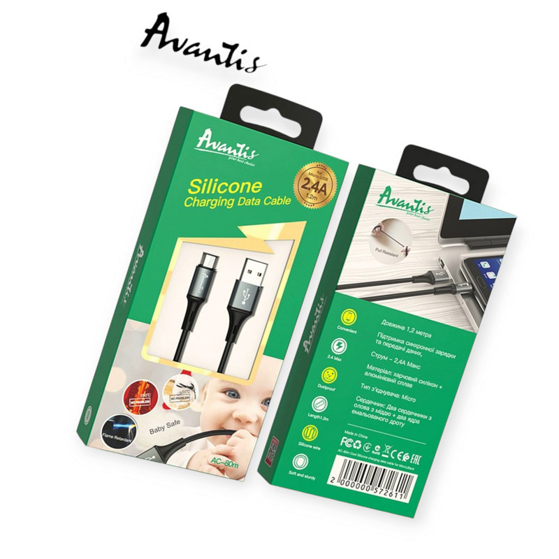 Кабель для зарядки Avantis USB - Micro USB, 1.2м, 2.4А черный, круглый силиконовая оплетка♥ Мукачево - изображение 3