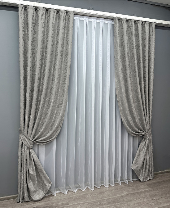 Комплект готовых штор VR-Textil Лен мрамор Pavliani VO № 1714ш серый 100х270 см 2 шт (31-820) Киев - изображение 3