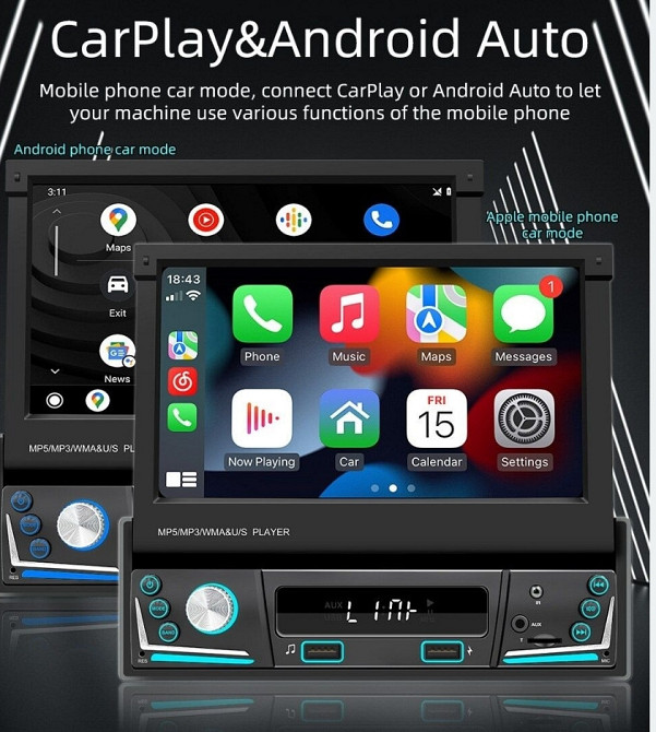Автомагнітола 1Din 7" з CarPlay та Android Auto з висувним екраном. Харків - фото 8