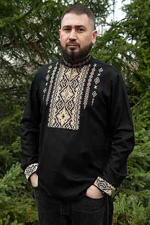 Вишиванка чоловіча, лляна, з довгим рукавом, чорна, лен - , топ Київ