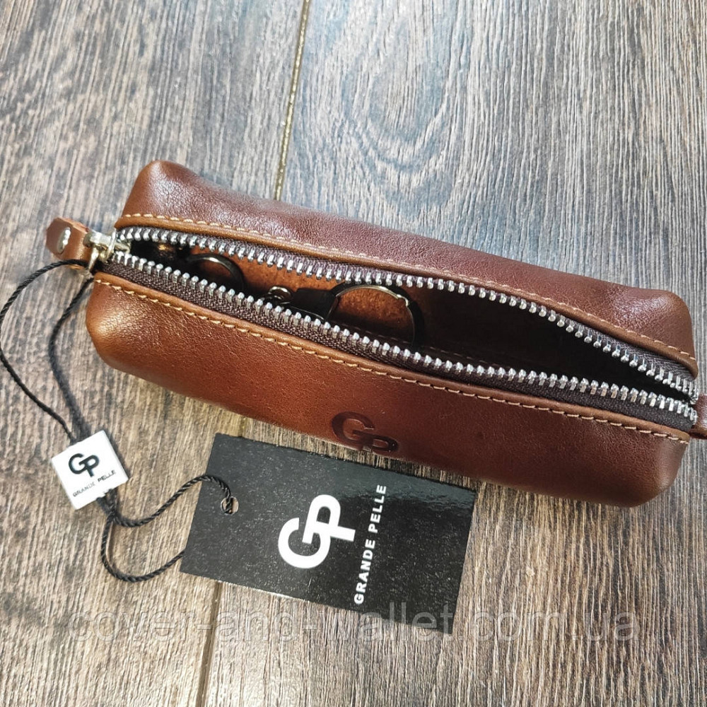 Коричневая глянцевая кожаная ключница бочка Grande Pelle Киев - изображение 3