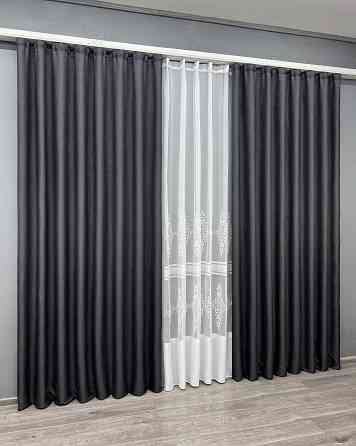 Комплект штор VR-Textil Лен Мешковина 150х270 2шт и Тюль 400х270 1161ш-1703т Графитовый с белым 71-178/3 Киев