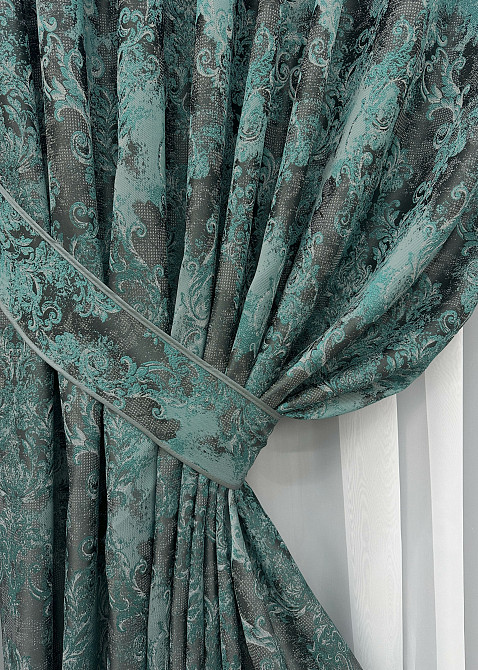 Комплект готових штор VR-Textil Льон Преміум № 1837ш Сірий з бірюзовим 200х295 см 2 шт (32-155) Київ - фото 5