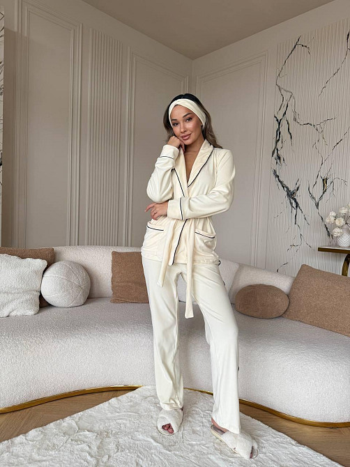 Жіноча затишна піжама: халат-кімоно, штани + пов'язка на голову велюр Молочний, 42/44 Одеса - фото 3