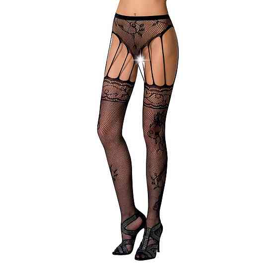 Сетчатые чулки-стокинги Passion S016 One Size, Black, имитация ажурного пояса с гартерами Sex Aura Киев