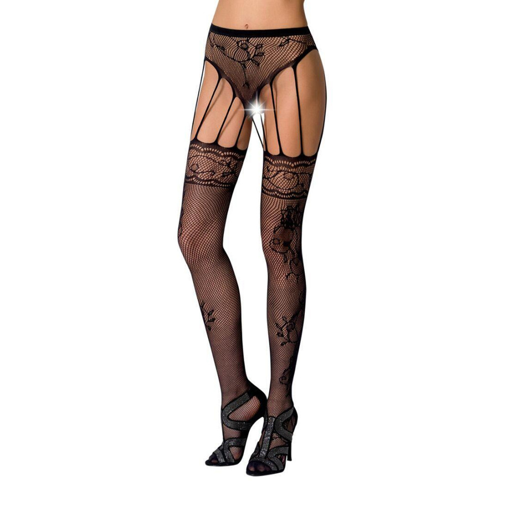 Сетчатые чулки-стокинги Passion S016 One Size, Black, имитация ажурного пояса с гартерами Sex Aura Киев - изображение 1