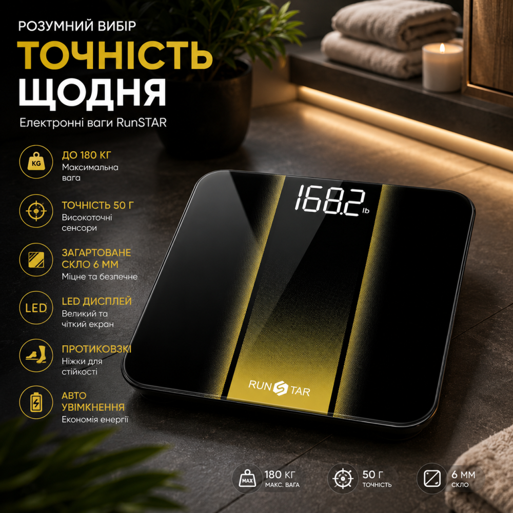 Ваги для ванної кімнати RunSTAR до 180 кг, LED-дисплей, точність 50 г, загартоване скло 6 мм, електронні підлогові ваги Київ - фото 9