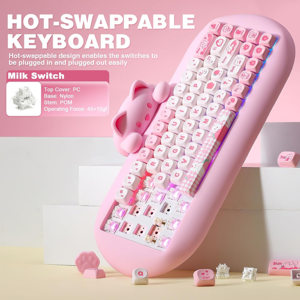 Механічна клавіатура YUNZII C68 Cute Cat 65% RGB, Bluetooth/2.4G/USB-C, Hot Swap, Milk Switch, рожева Київ - фото 7